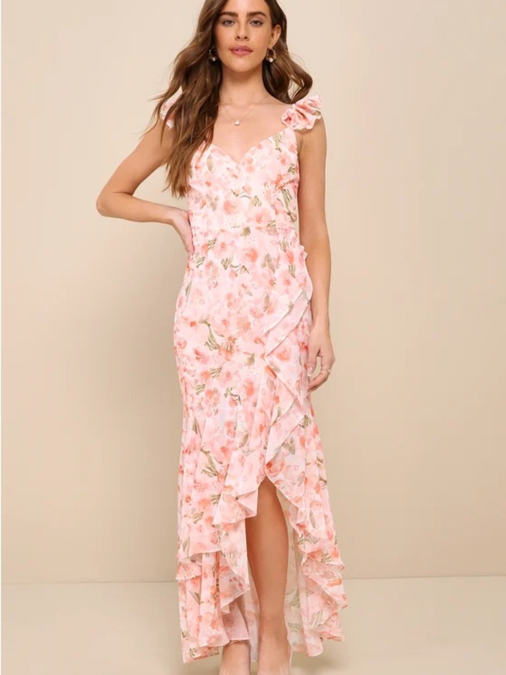 Darling Glow Peach Pink Floral Ruffled High-Low Maxi Dress